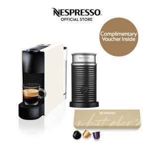 Nespresso Essenza Mini White Coffee Machine & Aeroccino 3 Black Milk Frother Bundle with Coffee Capsules