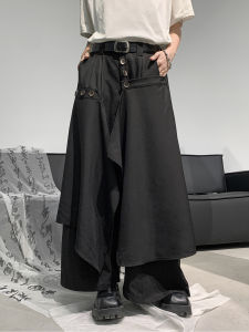 Summer New Mens Casual Pants Wide Leg Pants Patchwork Loose Irregular Design Sensation Small Audience False Two-Piece Suit
