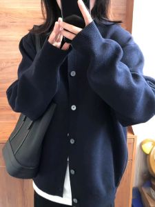 Navy Blue Knitted Cardigan Sweater Casual