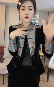 Chinese Style Traditional Jacquard Stitching Shirt Womens New Arrival Retro Fashion Buckle Slim Looking Fancy Velvet Shirt