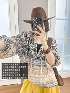 MeiYang T-Shirt Casual Loose Long Sleeve V-Neck Tassel Print Totem Classic Polyester Fiber Weekday Wear Womens Top