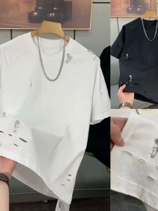 Áo Thun Cotton Cổ Tròn Tay Ngắn Mùa Hè Thời Trang Nam Thanh Lịch Rách Đáy Khoét Kim Cương Màu Trơn Đa Năng