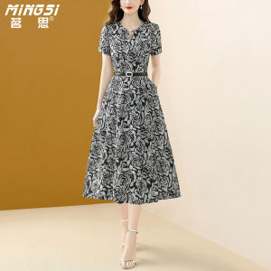 MINGSI | Retro Print Short Sleeve Dress Slim Fit