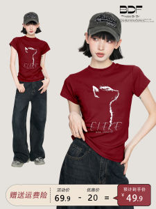 เสื้อยืดแขนสั้นพิมพ์ลายแมวสีแดง ผู้หญิง ฤดูร้อน สลิมฟิต American Hot เด็กผู้หญิง Pure ผ้าฝ้าย เสื้อท่อนบน Dopamine Short Style Round Neck