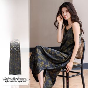 MiiOW | Váy ngủ lụa băng dài mùa hè cho nữ váy dây có đệm ngực cảm giác mát mẻ thoáng khí cao cấp đồ ngủ cho nữ
