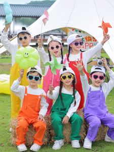 Colorful Striped Childrens Performance Outfit Cute Overalls Kindergarten Boys Girls Uniforms Graduation Clothes Ensemble