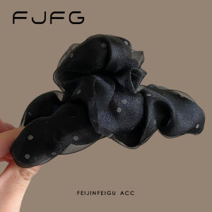 กิ๊บติดผมลายฉลามผ้าซาตินลายจุดสไตล์เกาหลีสำหรับผู้หญิง กิ๊บติดผมแบบเกาะท้ายครึ่งหัว ทรงบล็อกเนื้อผ้า ทรงสัมผัสใหม่