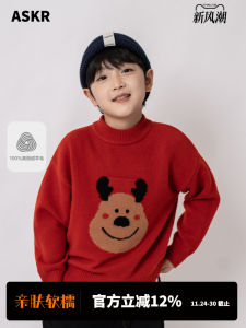 New Years Red Christmas Deer Pattern Childrens Knitted Sweater 100% Wool Boys Clothing Casual Style Thickened Long Sleeve