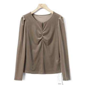 West Lake Pavilion Elderly Ko Velvety Elastic T-Shirt Autumn Season Long Sleeve round Neck Regular Fit Polyester Spandex