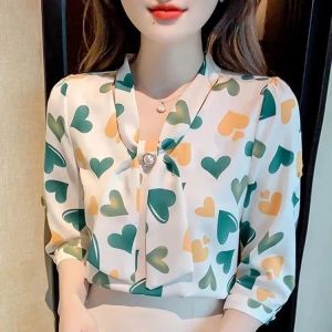 WomenSummer Style Chiffon Blouses Shirts Lady Casual Half Sleeve Bow Tie Collar Printed Blouses