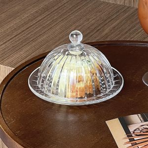 Japanese Style Ins Stripe Dessert Plate Set Transparent Glass with Lid Cake Cover Fruit Dim Sum Display Stand Snack Cover
