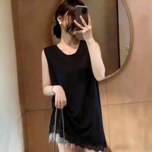Áo Thun Dây Kéo V-Neck Không T Tay Phối Ren Size Lớn Slimming Midi