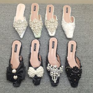 Summer 2025 Fairy Tale Style Pearl Decorated Flat Heel Sandals Womens Slippers Sharp Pointed Toe Crystal Thin Heel Slip-On Shoes