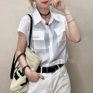 Fashionable Polo Collar Short Sleeve Womens Shirt Drawstring Design Slimming Top Korean Style Summer New Arrival