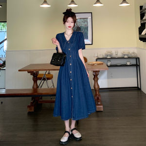 Anti-Aging Elegant Mid Length Long Length Lace Denim Shirt Dress Womens Fall and Winter New Arrival Large Size Belly Contraction Figure Flattering Suspender Skirt