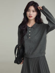 Loose Fit Polo Neck Knitted Long Sleeve T-Shirt Womens Casual Style Fashionable Top Grey Color New Arrival Autumn Season