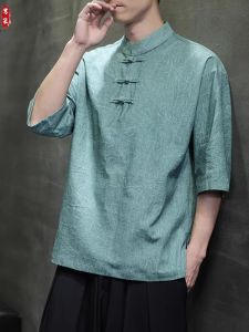 Retro Button-Up Cotton Linen Loose Fit Summer Thin Short Sleeve T-Shirt Chinese Style Casual Loose Large Size Body Shirt