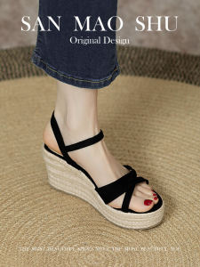 Summer 2024 Womens Sandals High Heels Comfortable Thick Bottom Soft Leather Shoes Casual Style Low Cut Velcro Strap Slip-On