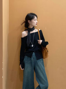 French Black Irregular Design Slim Fit Shoulder Womens Sweater Base Shirt Knitted Inner Wear Commute Style Long Sleeve Top