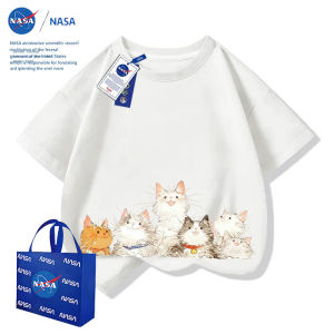 NASA Cat Girl Short Sleeve T-Shirt Summer Outdoor Wear Childrens Half Sleeve Top Cotton Cartoon Print Kids Fashionable Shirt