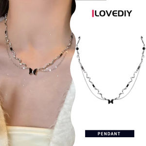 ILOVEDIY Y2k สไตล์พังก์หวานและเท่สร้อยคอประกบผีเสื้อสีดำย้อนยุคโซ่ไหปลาร้าสองชั้น