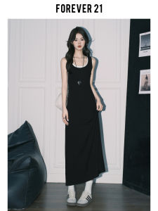 Forever 21 Casual A-Line Dress Womens Black U-Neck Splice Wrap around Vest Long Skirt Spring Commute Korean Style No Sleeve