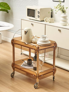 Solid Wood Trolley Movable Household Small Apartment Living Room Glass Dining Car Coffee Table Sofa Side Table Storage Rack Corner Table
