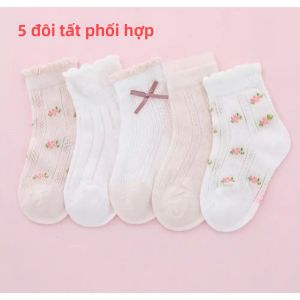 5 Đôi Tất Bé Gái Mùa Hè Tất Mỏng Ren Bướm Lưới Thoáng Khí Họa Tiết Hoa Dễ Thương Trẻ Em Cotton Pha Polyester