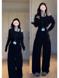 Black Design Sense Strap Long Sleeve T-Shirt Womens Casual Oversize Fashionable Summer Autumn Top Korean Style Slim Fit