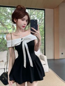 GUZILIAN | Fashionable Short Skirt With Color Block Design One Shoulder Luxury Slimming Waist Korean Style Commute Butterfly Knot Dress