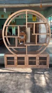 ตู้โชว์วงกลมไม้สักแท้ ขนาดกว้าง153ลึก38สูง190ซม (ตู้สำเสร็จไม่ต้องประกอบ) (งานสั่งผลิต2สัปดาห์)(จัดส่งฟรี)