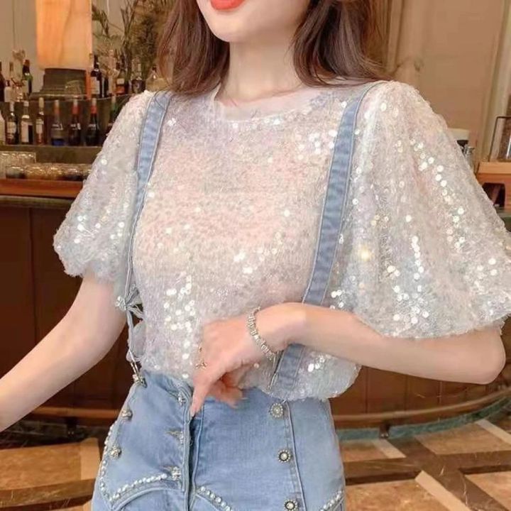 Red White Blue Sequined Short Sleeve Top