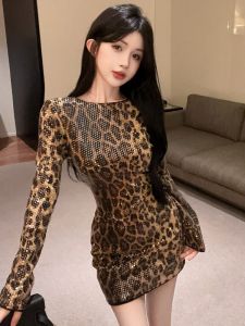 GUZILIAN | Slimming Retro Spicy Lady Print Sequin Collar Long Sleeve Bodycon Mini Dress