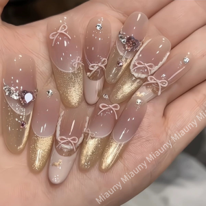 Handmade Pure Pink French Style Gold Cat Eye Butterfly Knot Nail Tips Gentle Sweet False Nails Wearable Nail Tips Beauty Tools