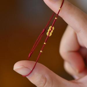 Red String Handmade Woven Bracelet for Women New Year Coin Lucky Charm Fashionable Jewelry Retro Court Style Alloy Plated Silver