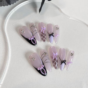 10 Móng Tay Giả Hình Hạnh Nhân Màu Tím Nhạt Thanh Lịch Trang Trí Nơ Cá Nhân Hóa Thích Hợp Cho Phụ Nữ Dự Tiệc
