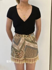 Grape Miki Export USA Chic Bohemian Ethnic Style Romantic Tassel Hem Slim Looking Elastic Waist Shorts