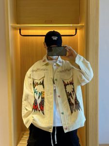 Retro Ethnic Style Casual Denim Jacket Mens Spring Autumn Trendy Brand High Street Hip Handsome Outerwear Loose Fit Long Sleeve Zipper Closure