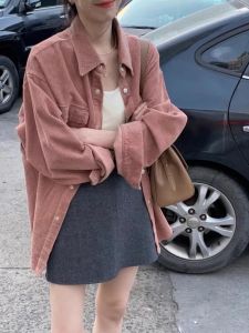 Retro Pink Velvet Shirt for Women Thick Casual Polo Collar Long Sleeves Mid Length Loose Fit Jacket for Autumn Winter