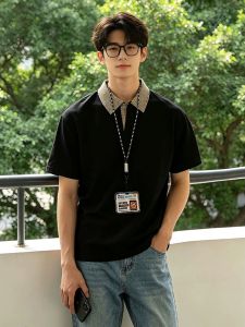 OUMULONG | Polo Shirt Men Checkered Black
