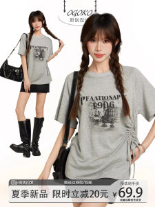 Áo Thun Tay Ngắn Dáng Rộng Màu Xám Cho Nữ Mùa Hè Thiết Kế Thoải Mái Áo Thun Rút Dây Áo Thun Tay Lửng Áo Thun Phong Cách Châu Âu