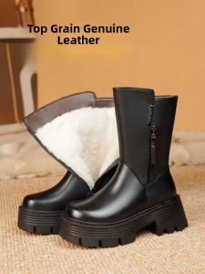 SHIPAILUO | Warm Fleece Lined Thick Waterproof Platform Ladies Genuine Leather Cotton Shoes Moms Wool Cotton Boots Womens Cotton Leather Boots Snow Mid-Calf Boots
