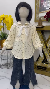 Setelan Alana Katun Plisket Anak Perempuan Model Baju Atasan Kemeja Lengan Panjang Bermotif | Model Krah Rempel Brukat Full Kancing & Celana Jeans Denim Cutbray Belah Usia 3-12 Tahun | Fashion Trendy 2025 Anak Cewek Nyaman Di Pakai
