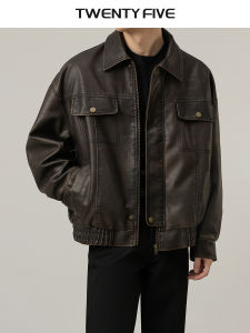 Loose American Retro Leather Jacket Mens Spring Autumn Trendy Flip Collar Leather Coat Youthful Vitality Style Long Sleeve Zipper