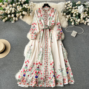Phong Cách Triều Đình Retro Nữ Đầm Mùa Xuân Mùa Thu Pháp Mới Cổ Áo Nút Đơn Tay Lồng Đèn Vòng Eo Cinched Long Váy
