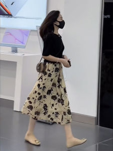 French Floral Half Skirt Womens Spring Summer New plus Size Slimming High Waist Umbrella Skirt Midi Length Hip Covering Chiffon Skirt