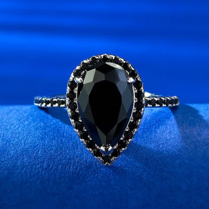 New 925 Silver Pear-shaped Water Drop Ring for Women Vintage Simple Ring Black Spinel