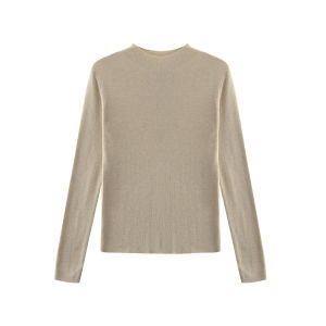Slim Fit Pure Color Base Layer Shirt Womens Warmth Enhancing Knitted Top Jiujiu Basic Style Polyester Blend Long Sleeve round Neck
