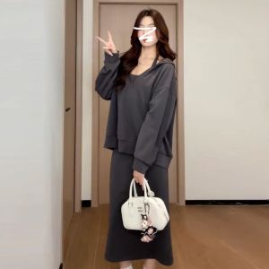 Neck Hanging Strap Dress Womens 2024 New Early Autumn Korean Style Long Sleeve Dress Two-Piece Set Elegant Commute Style