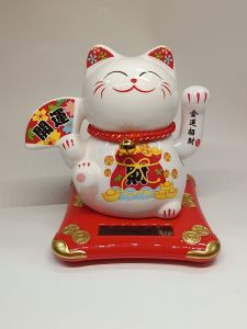 Solar moving maneki neko cat solar powered ceramic cat white ceramic cat ceramic solar powered cat fortune cat lucky cat money cat porcelain cat ceramic waving cat ceramic maneki neko solar waving cat